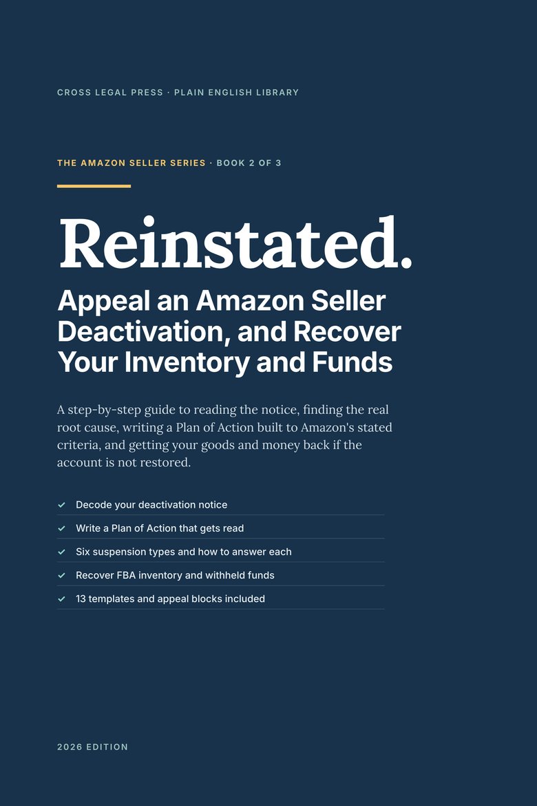 Front cover of Reinstated: Appeal an Amazon Seller Deactivation, Book 2 of The Amazon Seller Series from Cross Legal Press